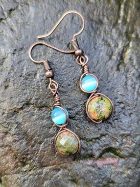 Unakite & Blue Cateye Copper Earrings